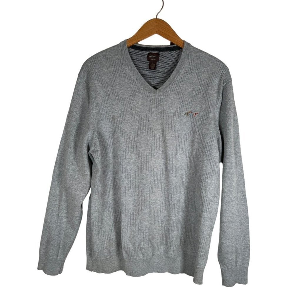 Greg Norman Mens Size L Golf Sweater Heather Grey V Neck Pullover Soft Knit L/S